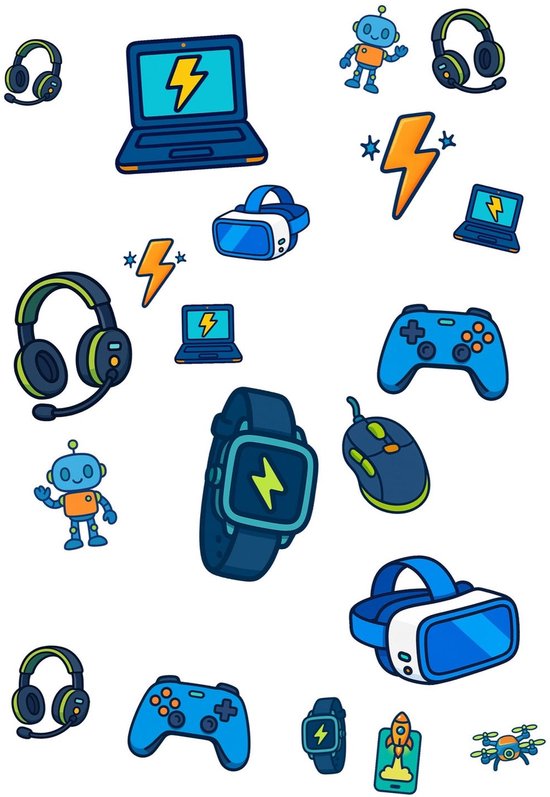Illustratie met game-accessoires, laptops, VR-brillen, drones, koptelefoons, muizen, gamepads, raketten, bliksemschichten en robots.