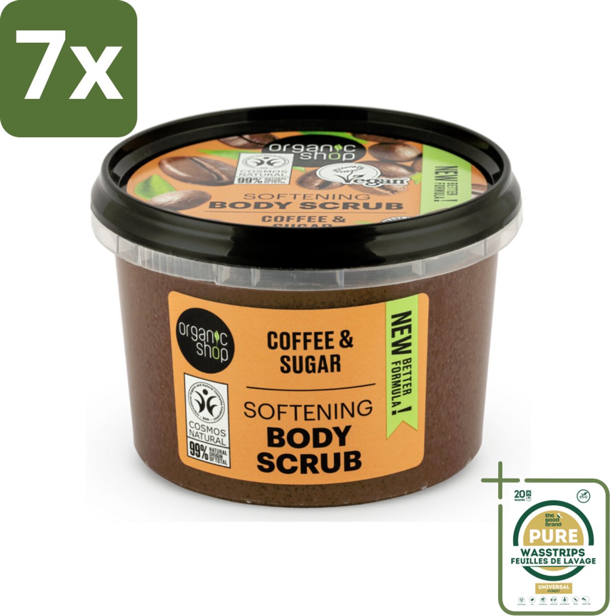 7 x Organic Shop - Organic Coffee & Sugar Body Scrub - Hydraterend en Peeling - 250 ml - Grootverpakking - Body Scrub - Exfolierende Scrub - Hydraterende Scrub - Koffieolie Scrub - Suiker Scrub
