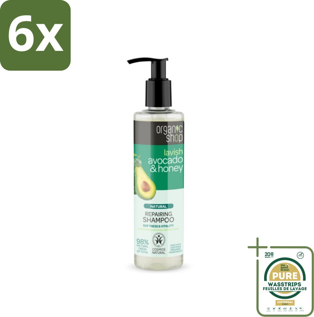 Organic Shop - Natural Repairing Shampoo - Avocado & Honey - Hydraterend en Herstellend - 280 ml - Voordeelverpakking - 6 stuks - Honing shampoo - Hydraterende shampoo