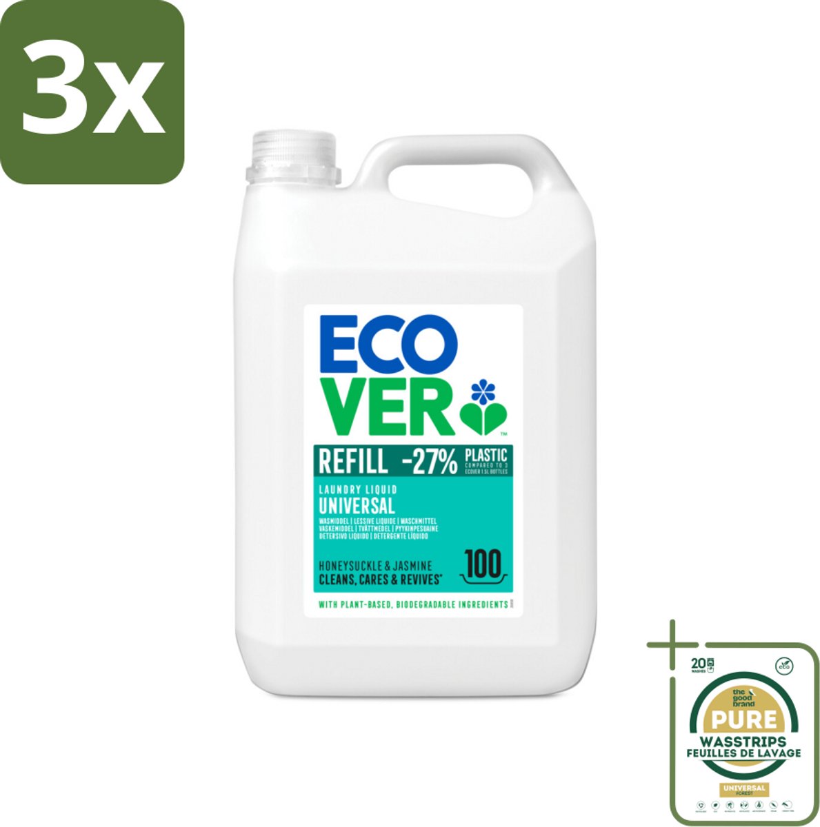 3 x Ecover - Vloeibaar wasmiddel - Universeel - Kamperfoelie & Jasmijn - 5 liter - 100 wasbeurten - Grootverpakking - Ecover Vloeibaar Wasmiddel - Plantaardig Wasmiddel - Biologisch Afbreekbaar - Duurzaam Wasmiddel - Vlekverwijderend Wasmiddel