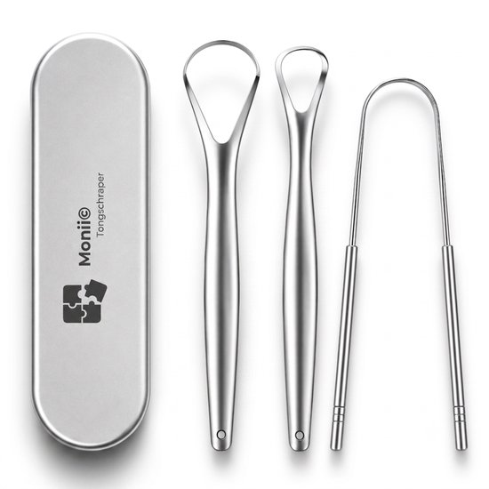 Zilverkleurige opbergdoos met daarin een RVS tongschraper set: twee ergonomische en een U-vormige cleaner.