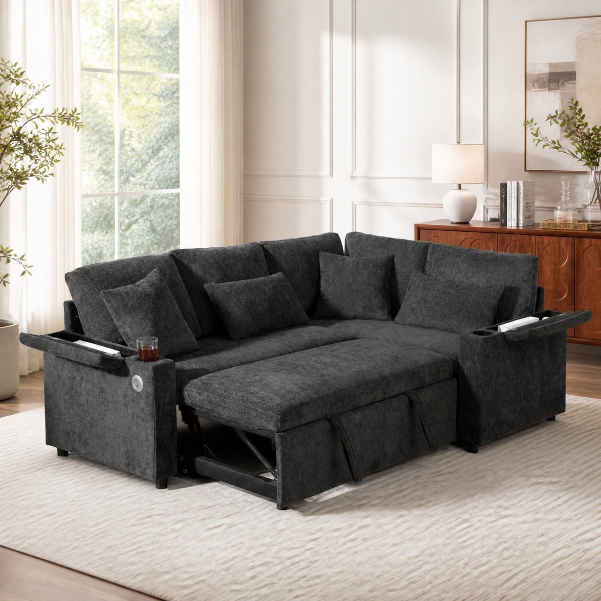 HAUSS SPOLE Hoekbank - Uittrekbare Slaapbank - Rechter Chaise Longue - Met Opbergruimte, Bekerhouder En USB - Donkergrijs Chenille