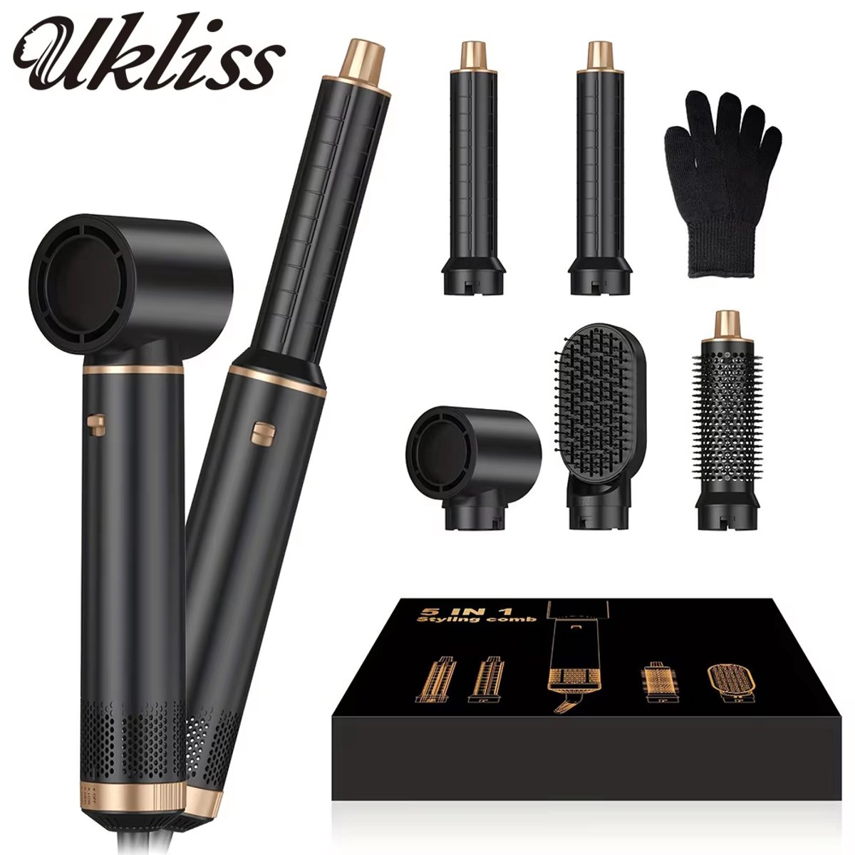 5-in-1 Multistyler Föhnborstel – Krultang + Stijltang + Airstyler – Voor Glad & Volume Haar – Inclusief Opbergdoos – 360° Kabel-zwart