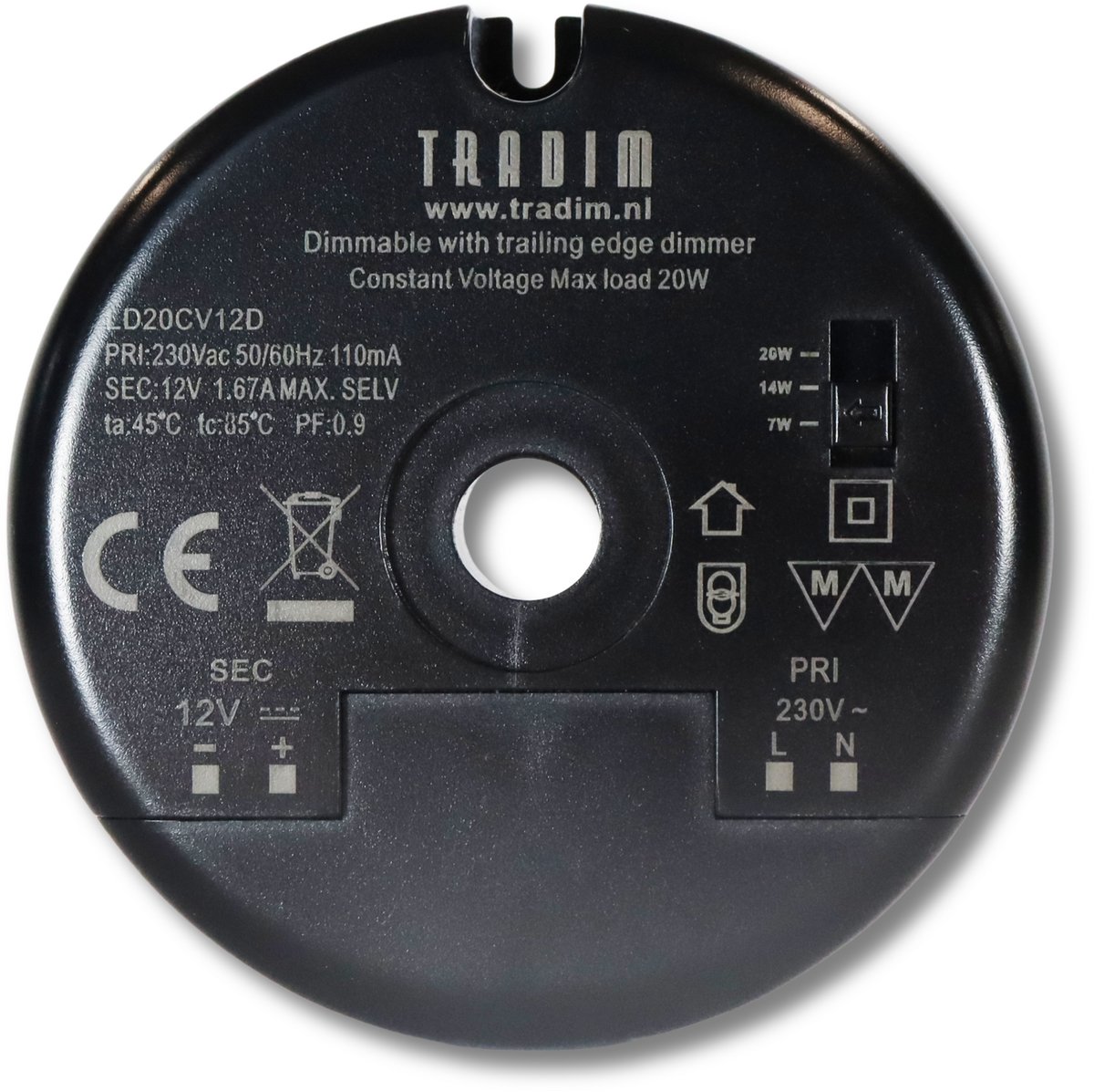 Tradim compacte ronde LED driver 230V 12V 20W LD20CV12D voor 12V LED lampen en LED-strips