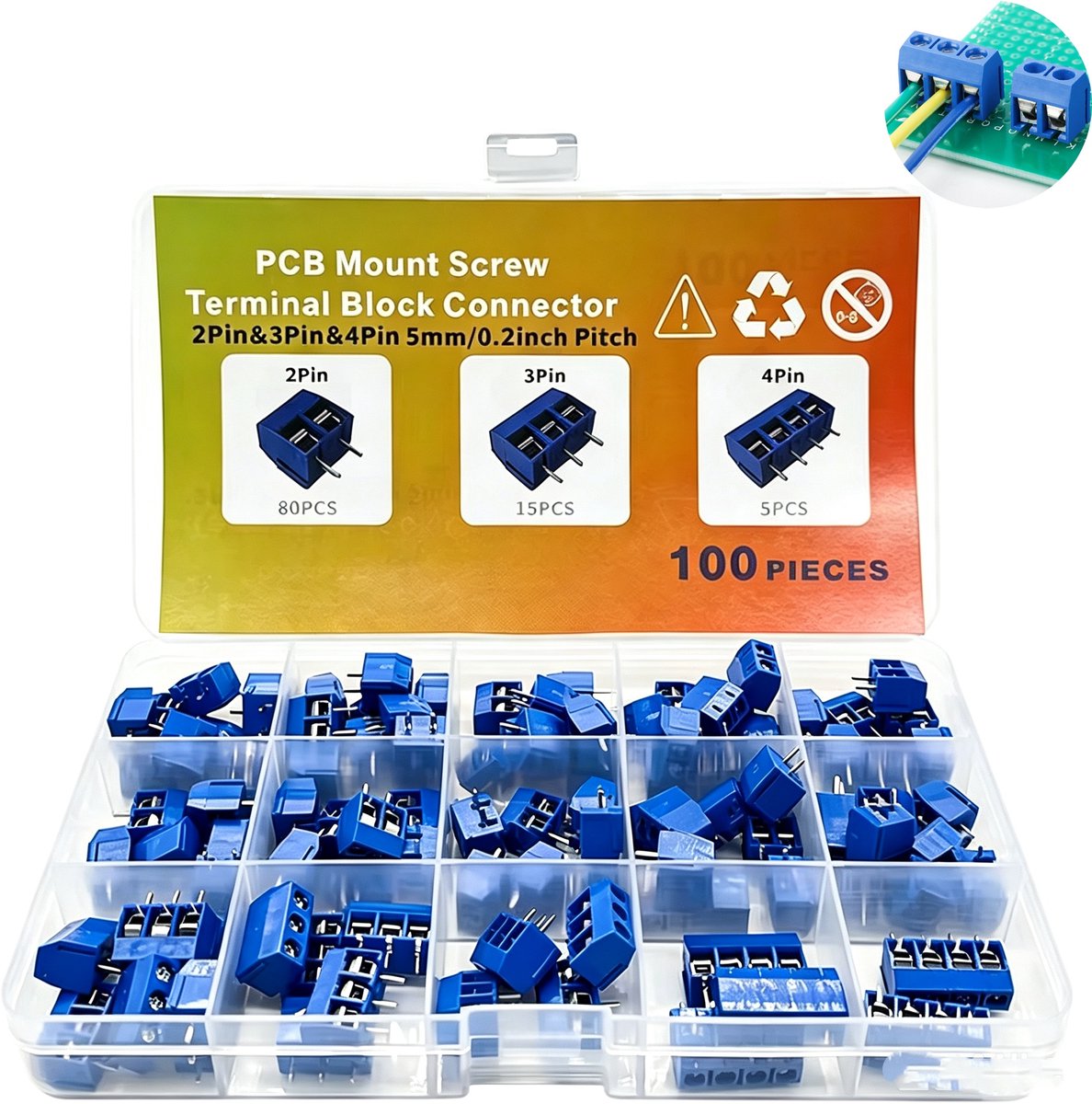 100 stuks - PCB-aansluitblokken - stekkerbare verbindingsklem - printklemblok - steekafstand 5,08 mm - 2/3/4 polig - voor elektronica printplaten, SPI‑signaalcircuits - blauw