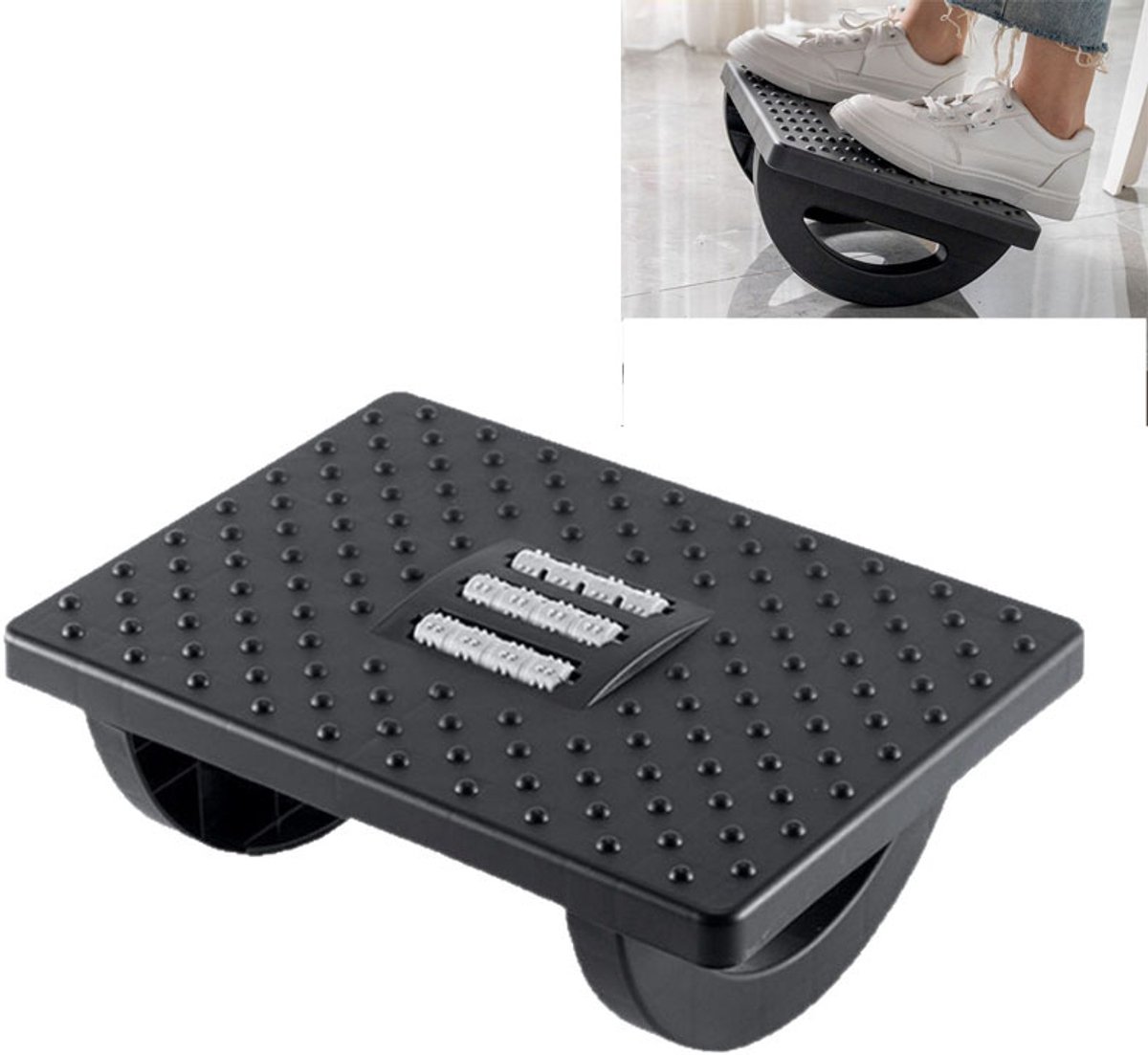 Voetenbankje voor onder het bureau - Ergonomisch voetenbankje - Voetenbank - Oppervlak met massageparels - Antislip - 34x25x13cm - Geschikt voor het verlichten van voetvermoeidheid en het corrigeren van de houding - Zwart