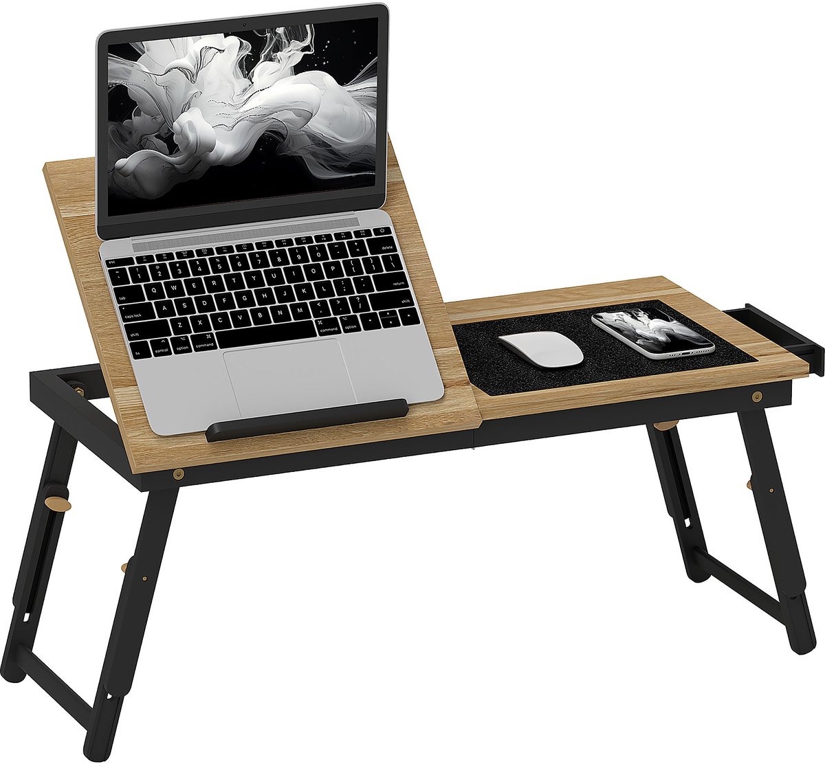 Laptoptafel, bedtafel met verstelbare hoek en hoogte, opvouwbare standaard voor laptops tot 15,6 inch, geschikt voor werken, lezen en ontbijten, bamboe poten, lade