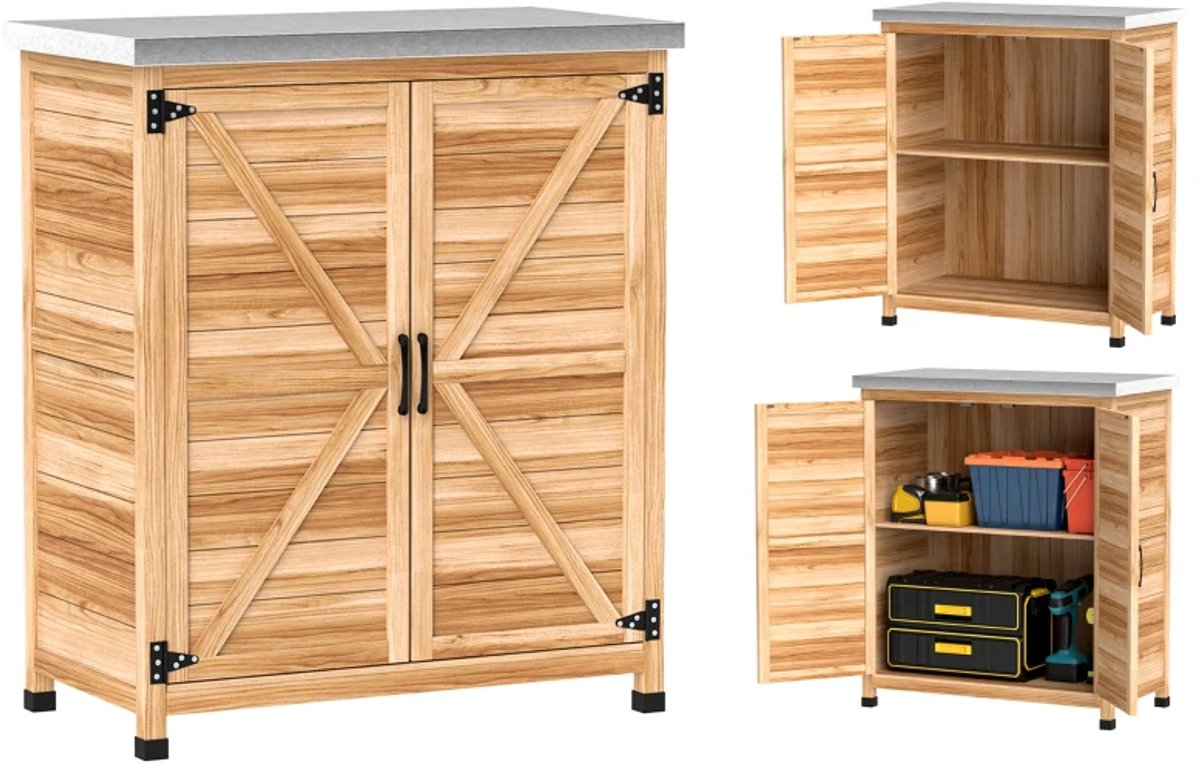Tuinkast - ingebouwde planken en werkborden - dennenhout en verzinkt staal - 79x43x92 cm - houtkleur