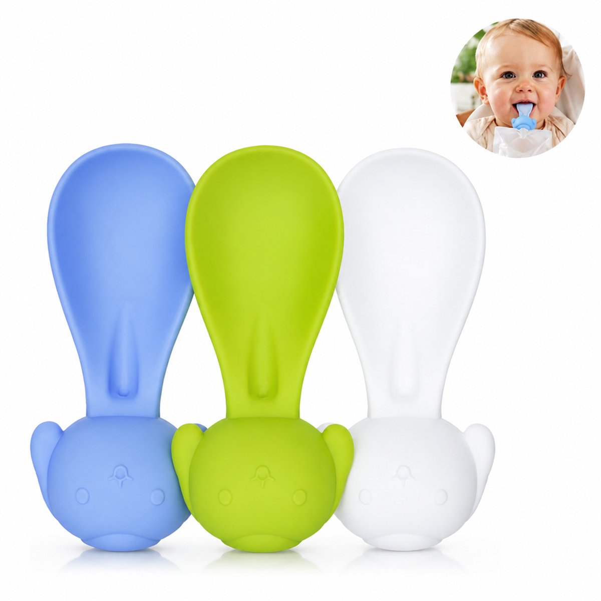 ECTEATOY® Baby lepels 3 stucks - Kinderbestek - Siliconen - Zachte Mondstuk voor Fruitpureezakjes - Lekvrij - voor baby’s vanaf 3 maanden