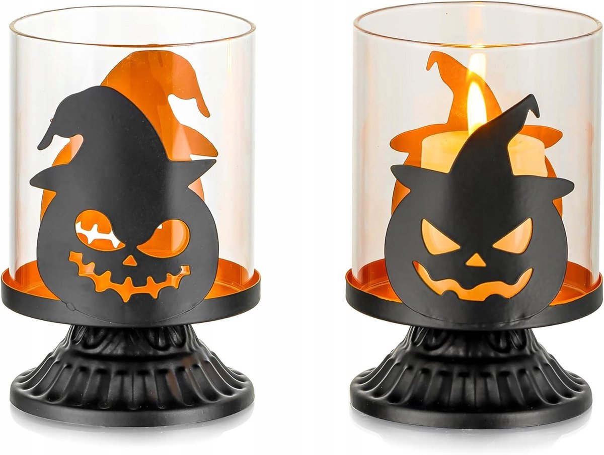 Set van 2 Zwarte Glazen Kandelaars - Halloween Pompoen Decoratie