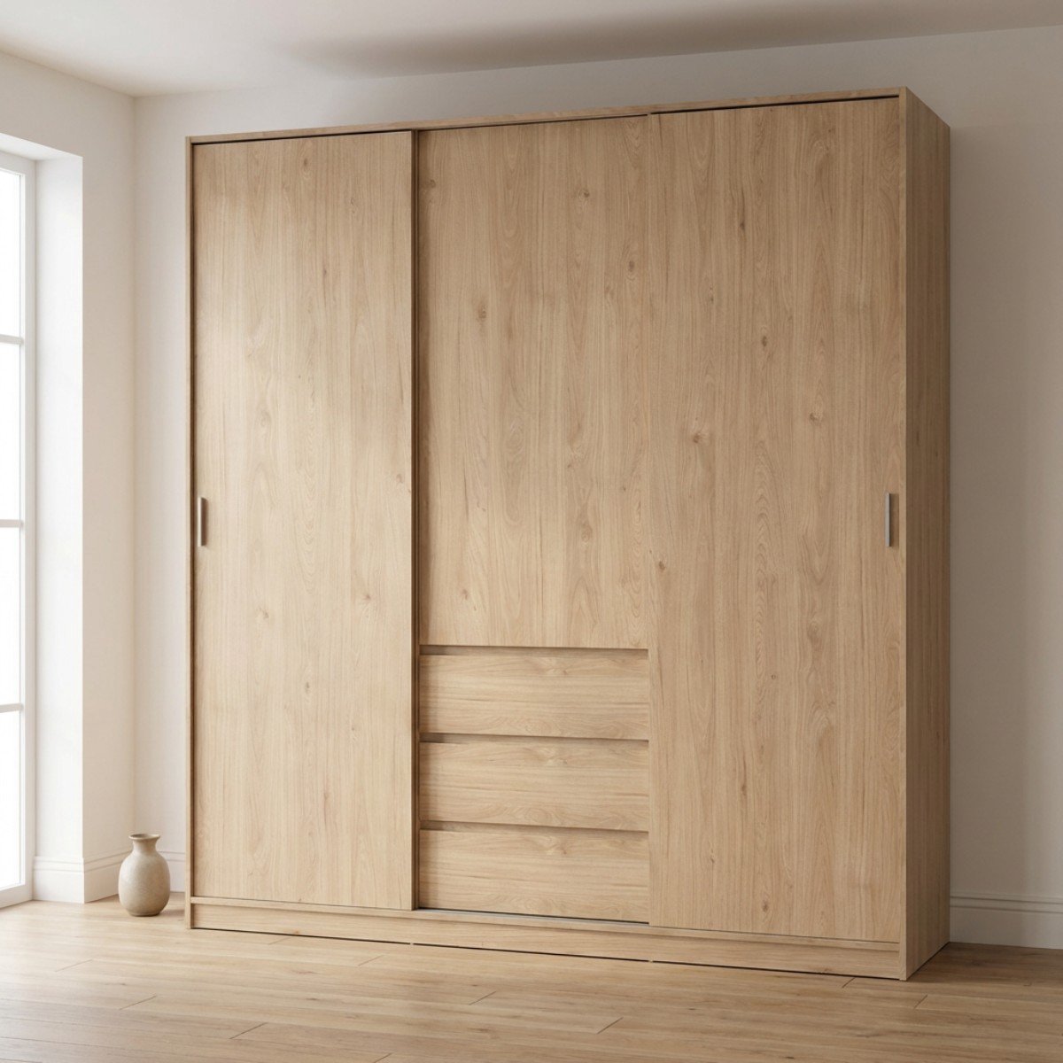 Kledingkast met Schuifdeur Naturel - 3-deurs met 3 lades - MDF - 177x60x200cm