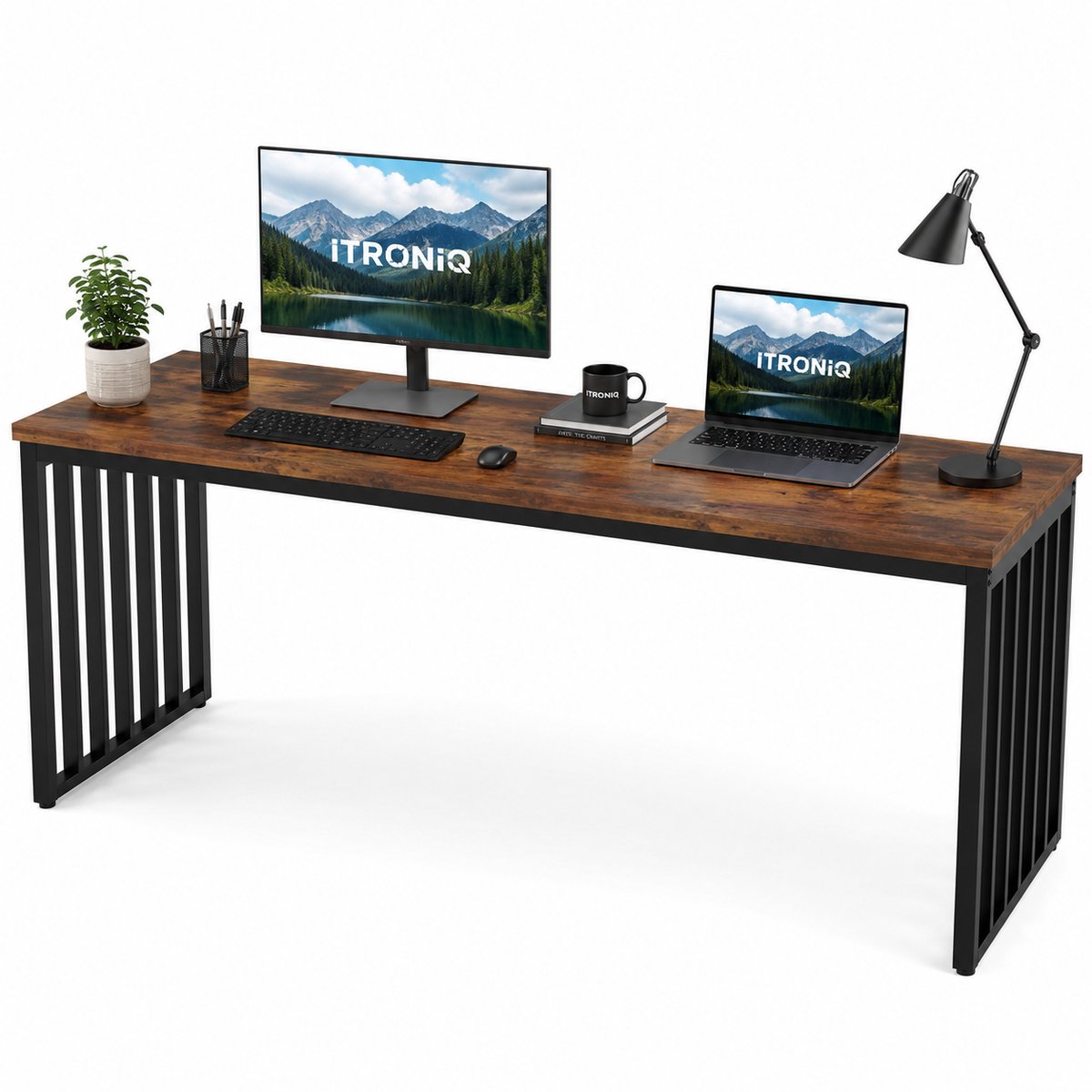 ITRONIQ Industrieel Bureau 180 x 70 cm - Groot Computerbureau Voor 2 Personen - Werktafel Met Metalen Frame - Bruin Zwart