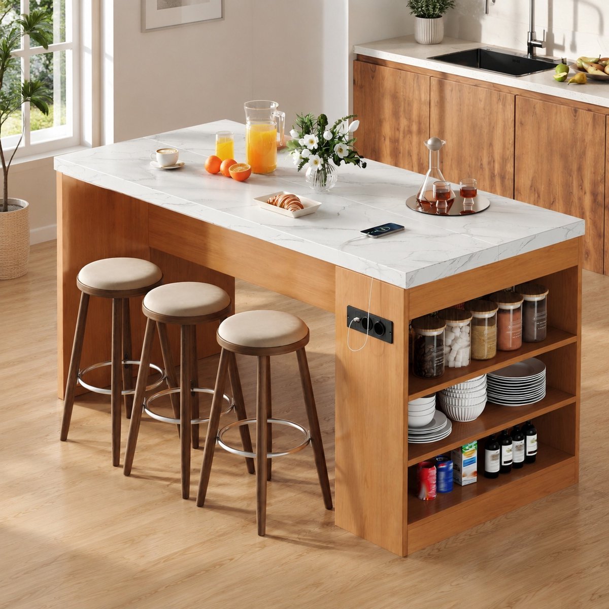 Kookeiland Tafel Met Led Verlichting En Stopcontacten - 155 X 80 X 90 Cm - 40 Mm Dik Blad - Natural White - Voor Keuken En Eetkamer