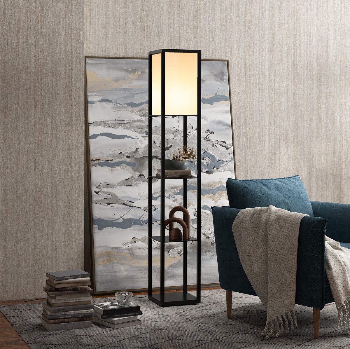 Staande Lamp – Met Planken En Textielen Lampenkap – 26 X 26 X 160 Cm – MDF – Zwart – Voor Woonkamer En Slaapkamer – E27 Tot 40W