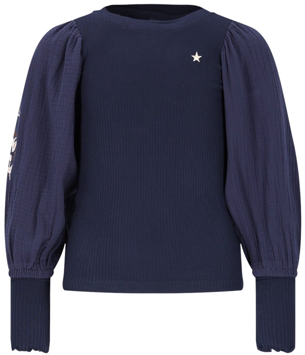Like Flo - Eloise Flo girls top with rib body and balloon sleeves navy - Navy - Maat 104