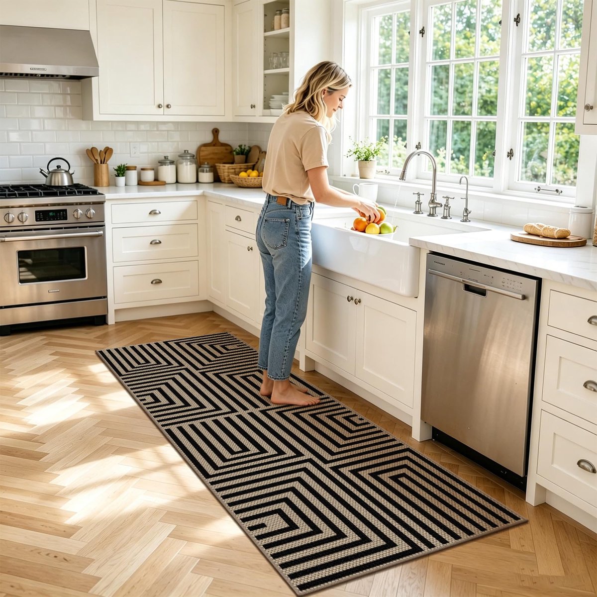 VSIWB Tapijtloper, voor in de gang, 80 x 200 cm, jute-look, keukentapijt, wasbaar, antislip, keukenloper, zwart - ShopVlot