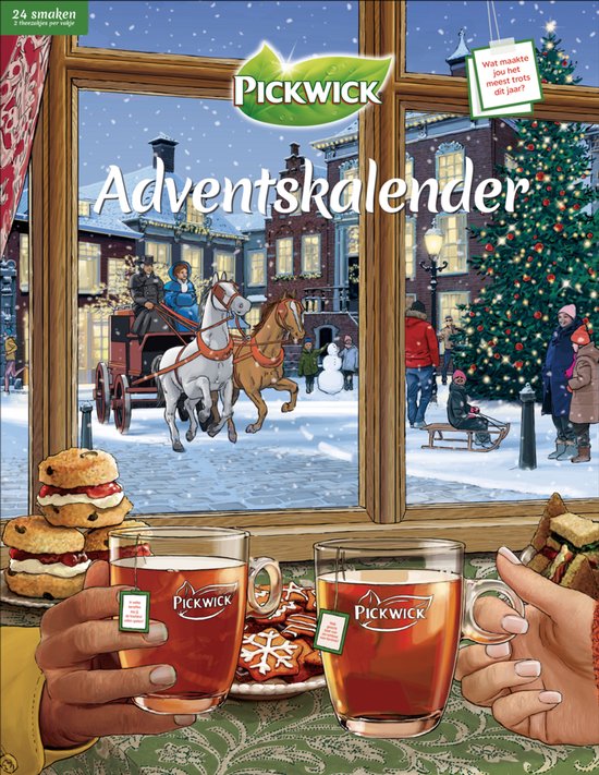 Pickwick adventskalender met 24 theesmaken, afgebeeld met een winters stadsgezicht en kopjes thee op de voorgrond.