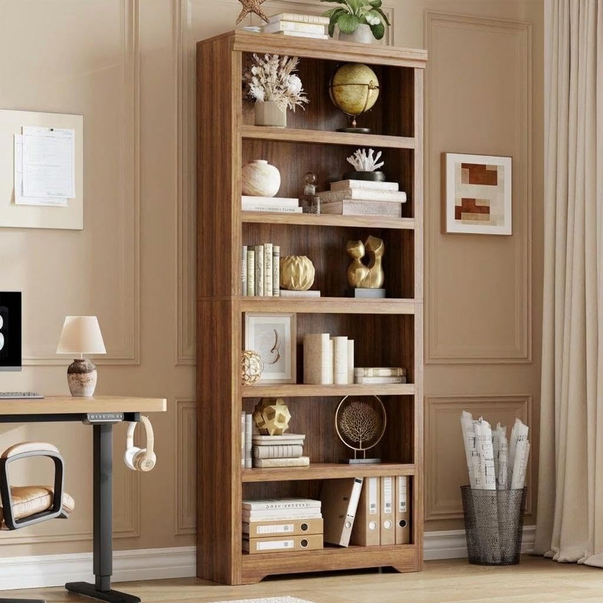 Hoge Boekenkast 6 Lagen - 80x29.5x190cm - Boekenkast Vintage - Verstelbare Planken - Kantelbeveiliging - Open Opbergkast - Voor Woonkamer Kantoor - Bruin