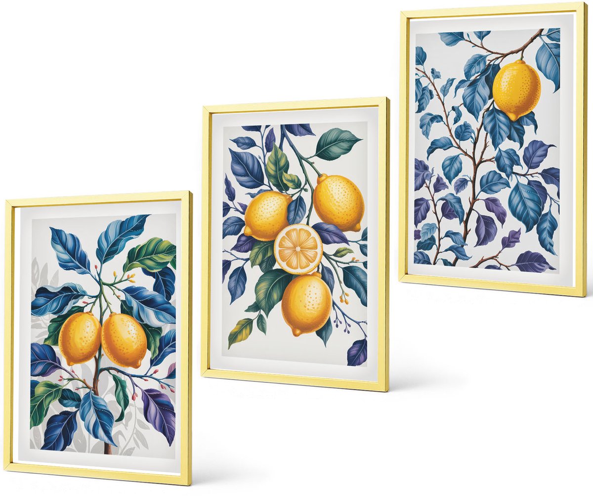 Coloray 3-Delige Schilderij Set - Olijven In Vazen ​​Met Takken Op Een Grijze Achtergrond - 40 x 40 cm En 40 x 60 cm - Decoratieve Schilderijen - Woonkamer - Interieur - Wanddecoratie