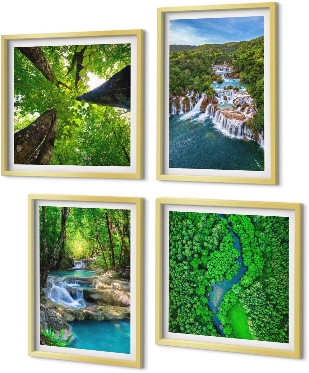 Coloray 4-Delige Schilderij Set - Watervallen in een groen bos met kristalhelder water. - 40 x 40 cm en 40 x 60 cm - Moderne Wanddecoratie - Slaapkamer - Interieur Decoratie