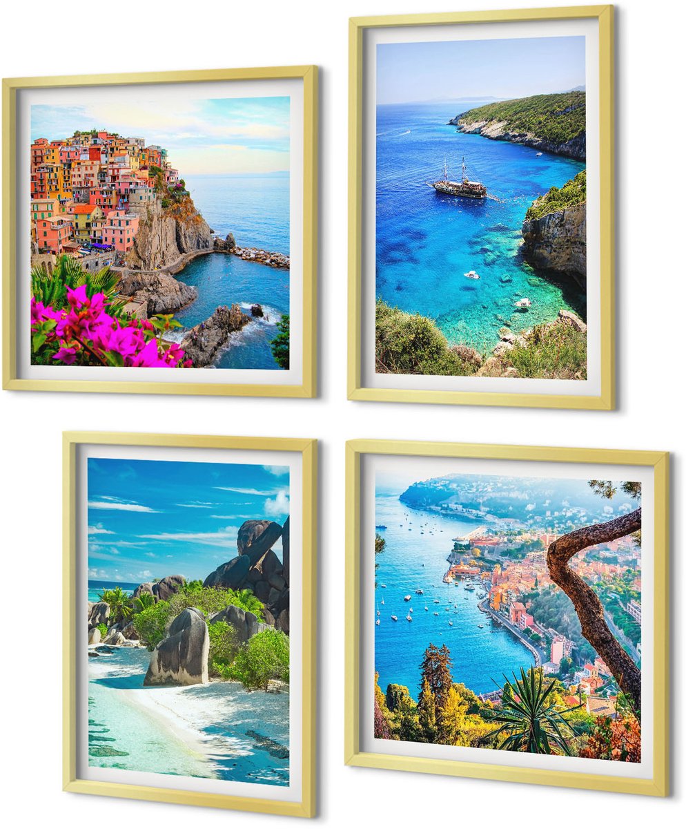 Coloray 4-Delige Schilderij Set - Uitzicht op zee met palmbomen en blauw water - 40 x 40 cm en 40 x 60 cm - Wanddecoratie - Woonkamer Decoratie - Muurdecoratie