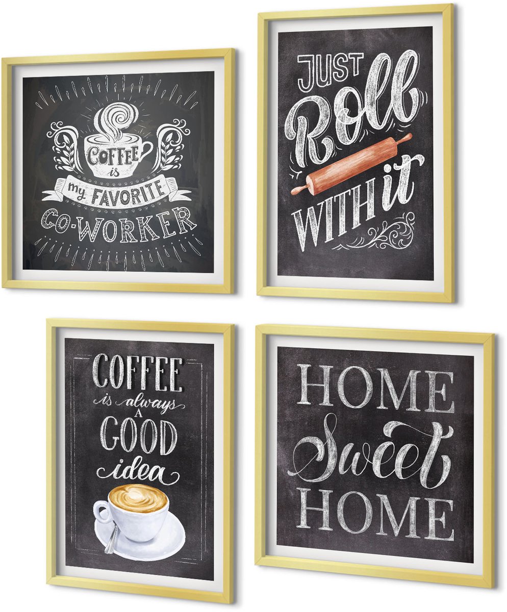 Coloray 4-Delige Schilderij Set - Koffieroller voor thuis: warmte en gezelligheid - 40 x 40 cm en 40 x 60 cm - Stijlvolle Muurdecoratie - Slaapkamer
