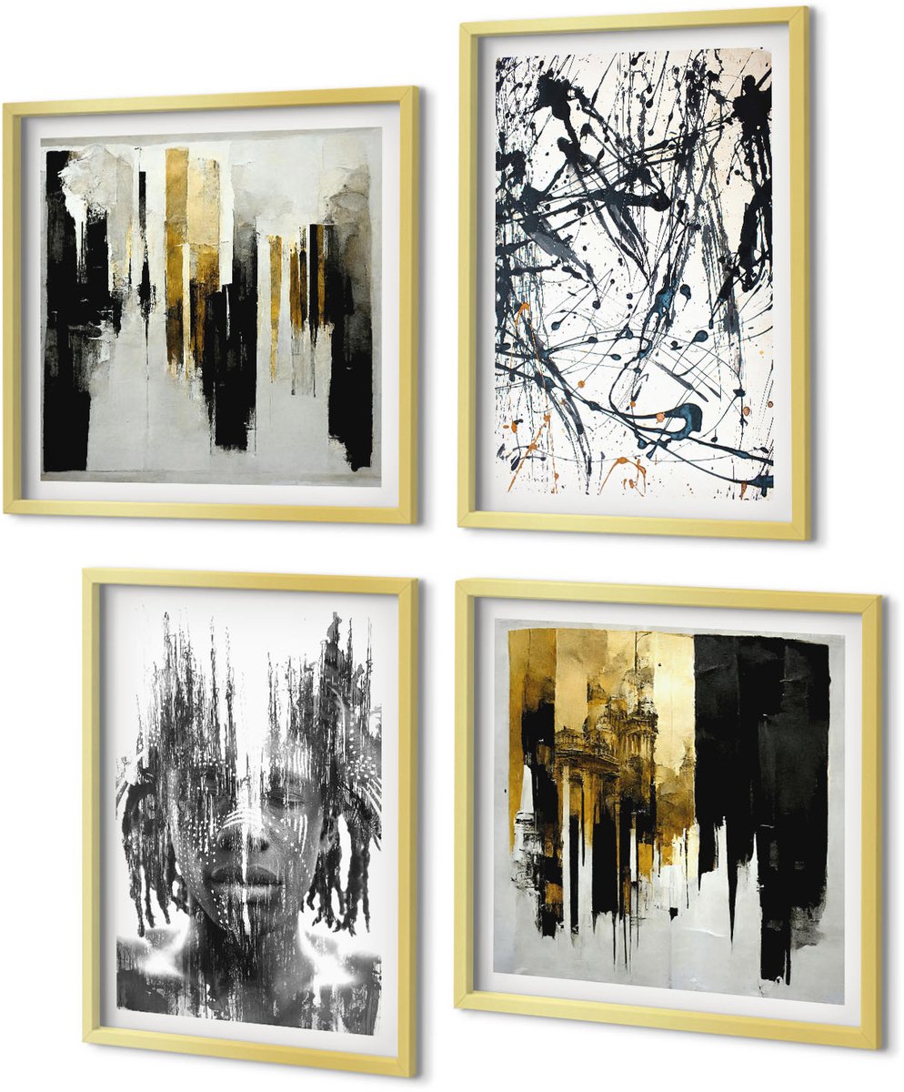 Coloray 4-Delige Schilderij Set - Contrasterende abstracties met portret en architectuur - 40 x 40 cm en 40 x 60 cm - Stijlvolle Muurdecoratie - Kantoor - Wanddecoratie