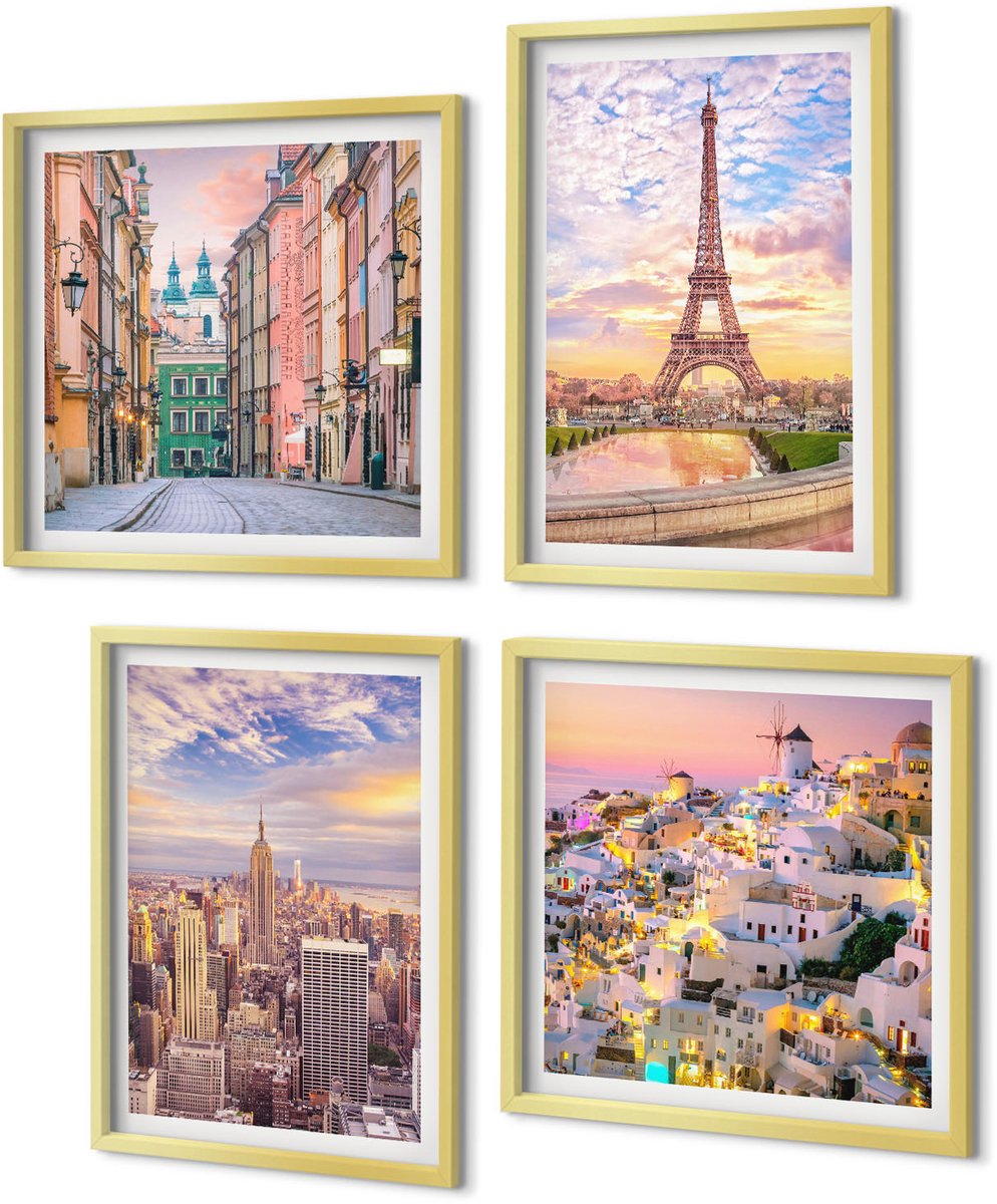 Coloray 4-Delige Schilderij Set - New York Parijs Oia Warschau Zonsondergang - 40 x 40 cm en 40 x 60 cm - Decoratieve Muurdecoratie - Slaapkamer - Woonkamer Decoratie