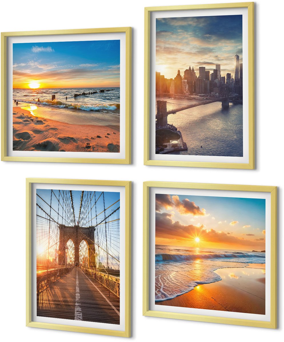 Coloray 4-Delige Schilderij Set - Bruggen en zonsondergangen in het stedelijk landschap - 40 x 40 cm en 40 x 60 cm - Muurdecoratie - Decoratieve Schilderijen - Wohnzimmer - Wanddecoratie