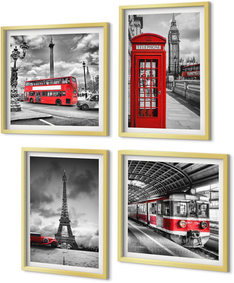 Coloray 4-Delige Schilderij Set - Iconische steden: Londen, Parijs en het spoorvervoer - 40 x 40 cm en 40 x 60 cm - Moderne Wanddecoratie - Slaapkamer - Woonkamer Decoratie