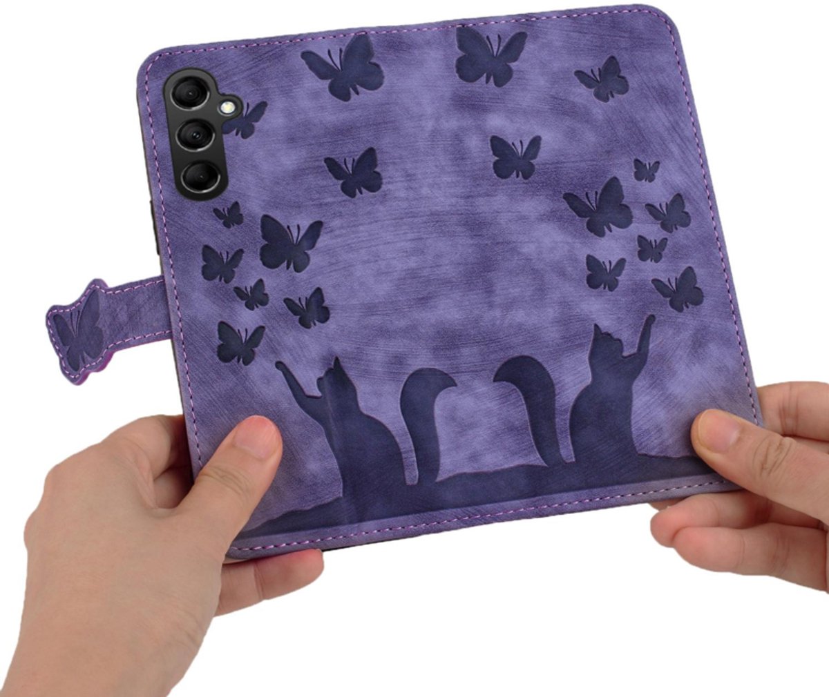 BookCover Hoes Etui Mapje geschikt voor Samsung Galaxy A27 - Vlinders en Kat - Paars - Reliëf