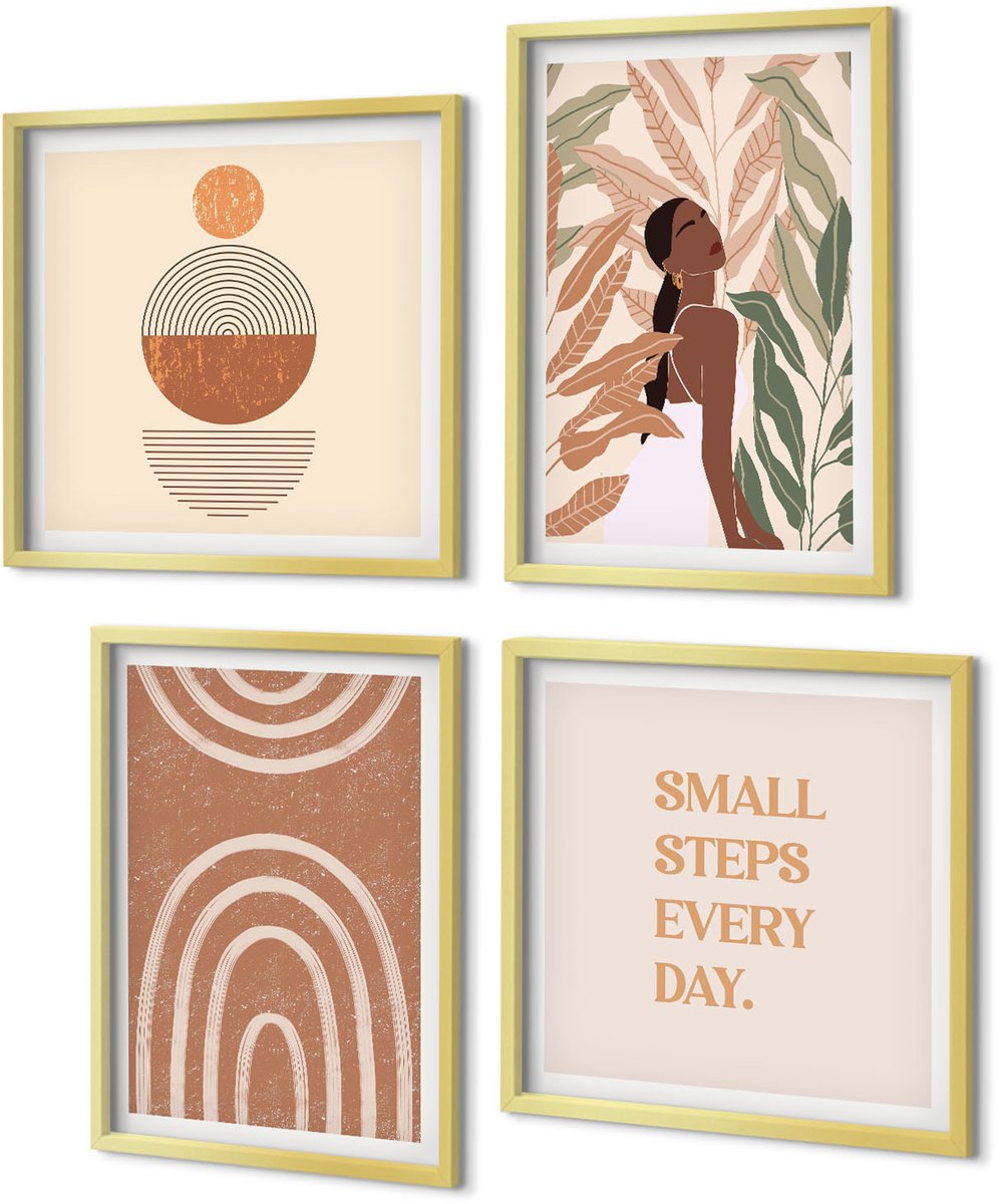 Coloray 4-Delige Schilderij Set - Stijlvolle patronen met plantmotieven en geometrische vormen. - 40 x 40 cm en 40 x 60 cm - Wanddecoratie - Muurdecoratie - Moderne Interieurdecoratie - Woonkamer Decoratie