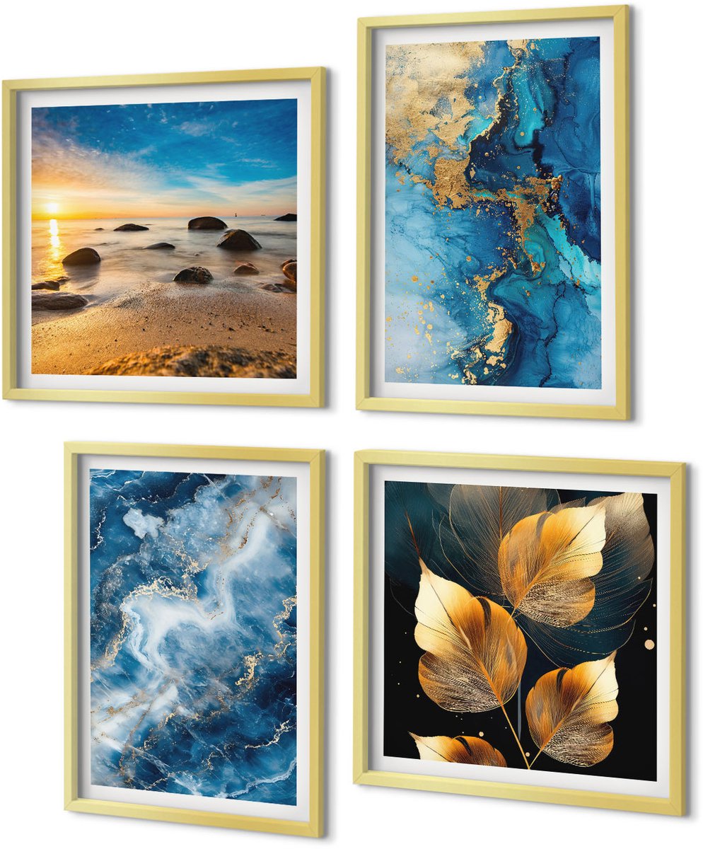 Coloray 4-Delige Schilderij Set - Blauwe abstracte patronen - 40 x 40 cm en 40 x 60 cm - Moderne Wanddecoratie - Woonkamer