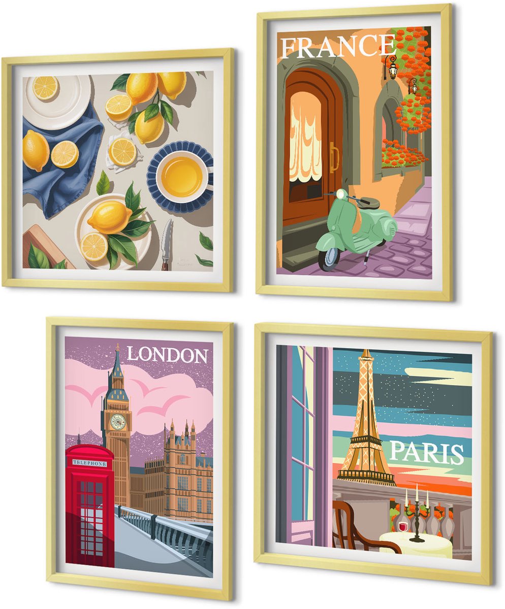 Coloray 4-Delige Schilderij Set - Stadsgezichten Parijs Londen en Frankrijk Citroenen - 40 x 40 cm en 40 x 60 cm - Muurdecoratie - Wanddecoratie - Hal - Decoratieve Schilderijen