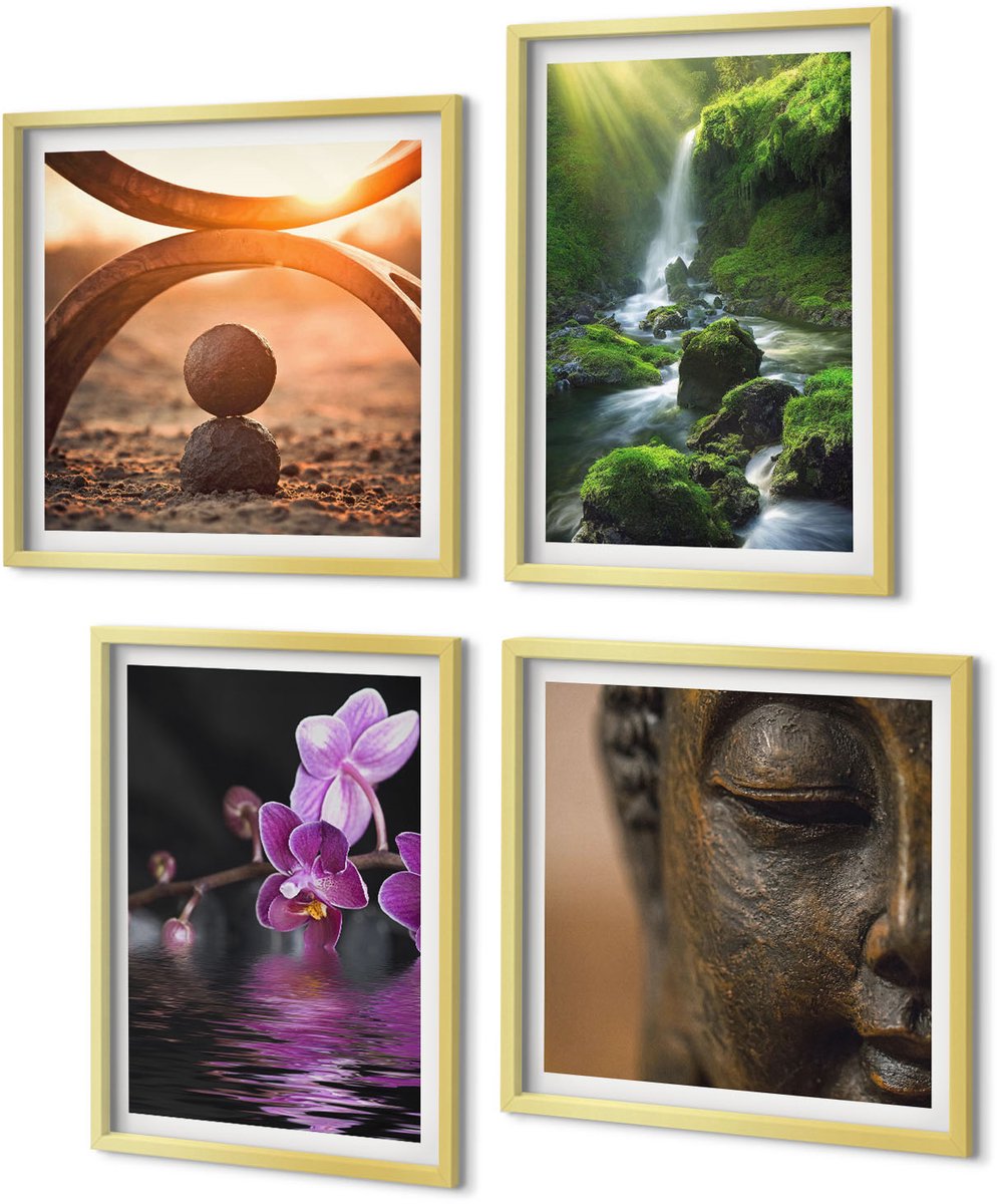 Coloray 4-Delige Schilderij Set - Bloemen in het water, waterval met groene rotsen, Boeddha - 40 x 40 cm en 40 x 60 cm - Muurdecoratie - Wanddecoratie - Slaapkamer - Moderne Wanddecoratie
