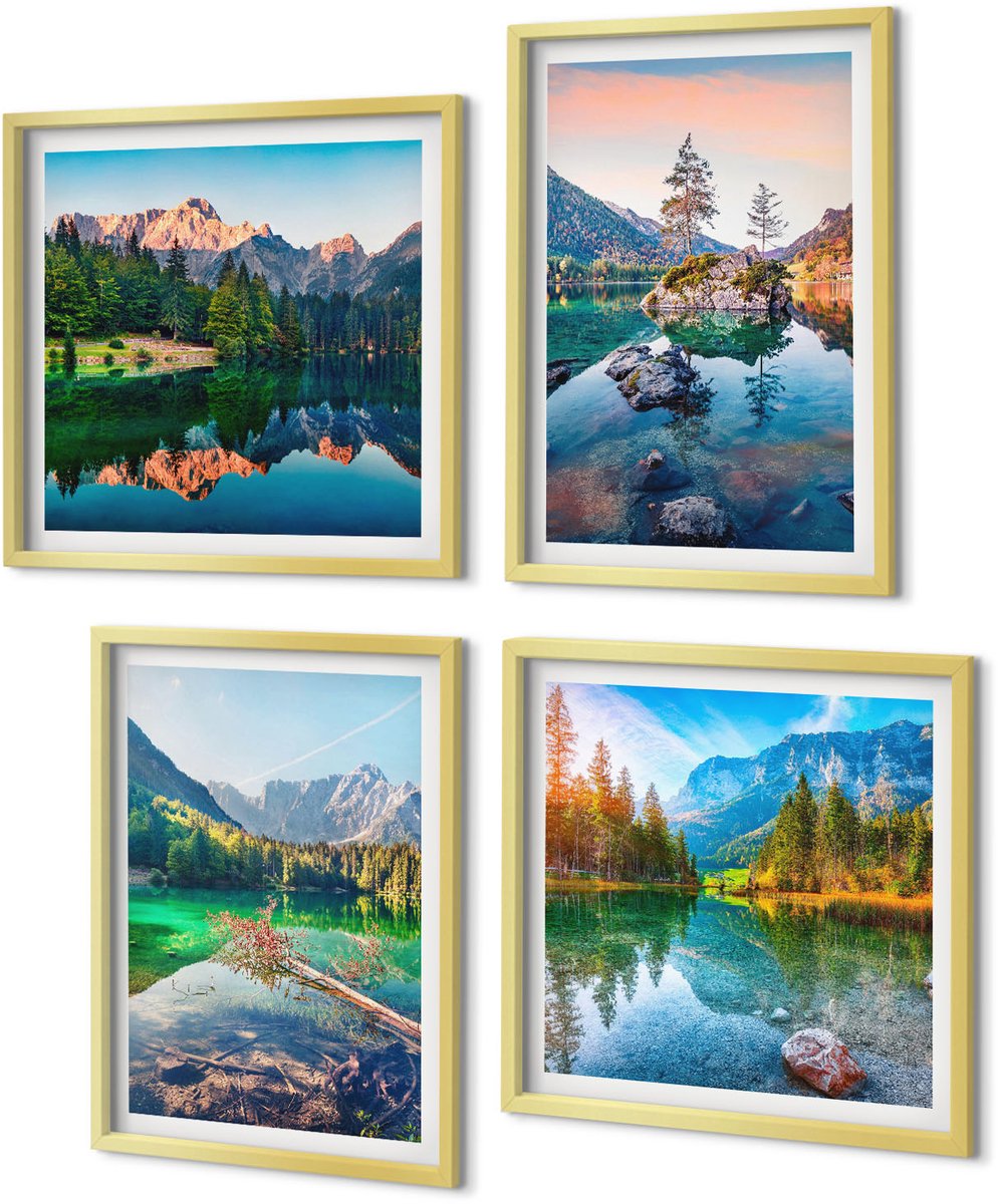 Coloray 4-Delige Schilderij Set - Bergmeren met water en omringende natuurlandschappen - 40 x 40 cm en 40 x 60 cm - Moderne Wanddecoratie - Woonkamer - Decoratieve Schilderijen