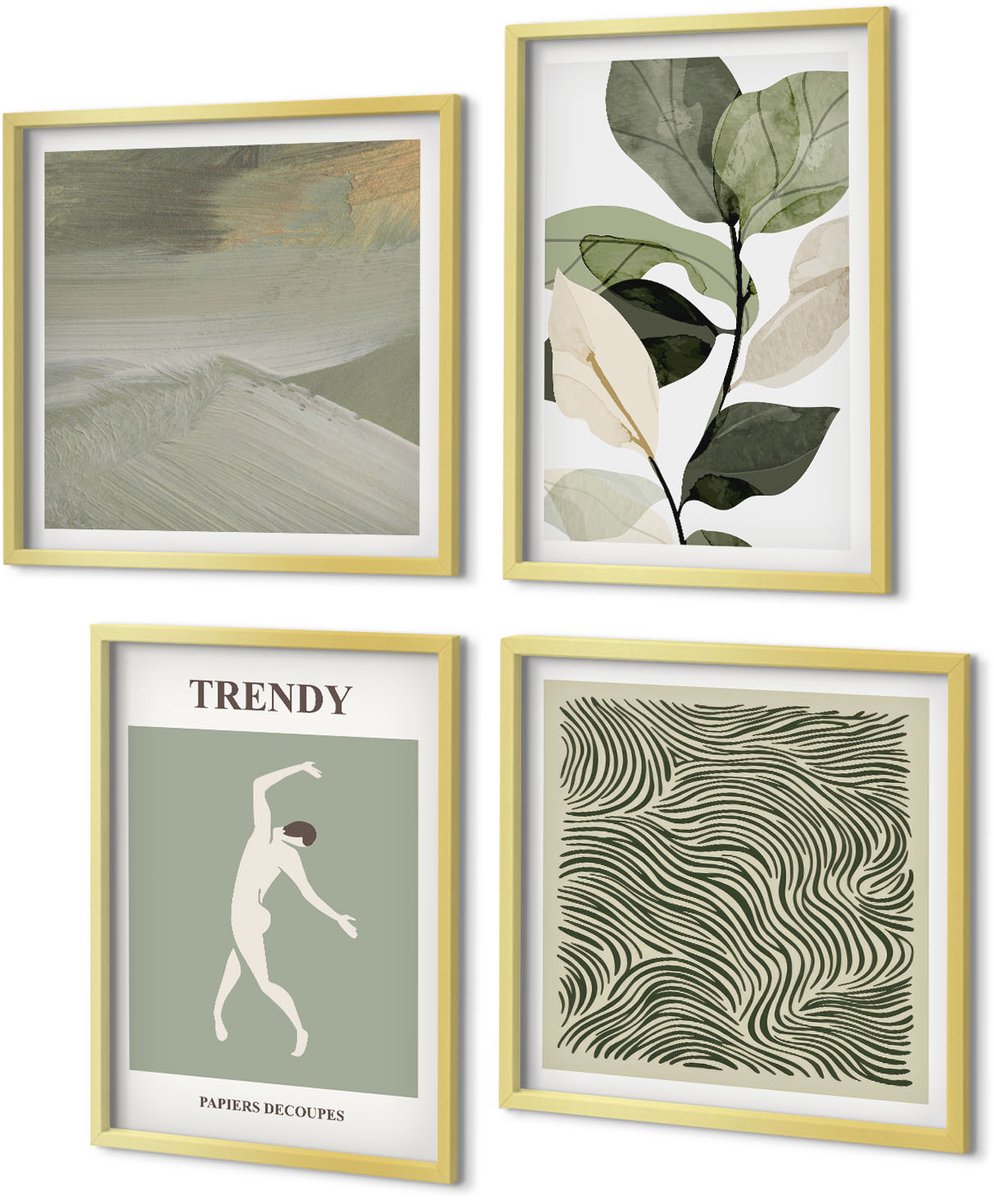 Coloray 4-Delige Schilderij Set - Plantenpatronen met silhouetten en abstracte vormen - 40 x 40 cm en 40 x 60 cm - Wanddecoratie - Moderne Interieurdecoratie - Woonkamer Decoratie