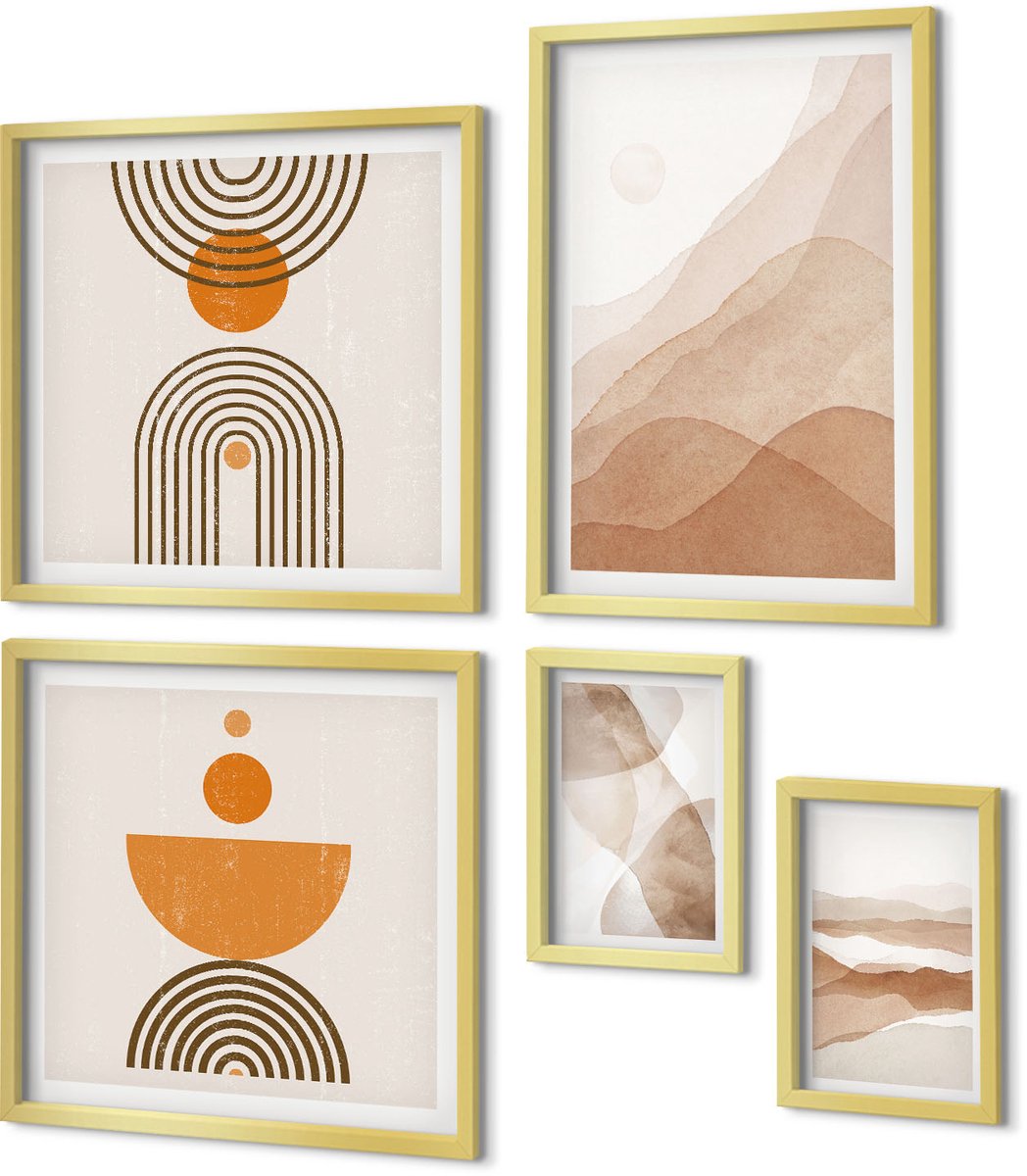 Coloray 5-Delige Schilderij Set - Structuren In Verschillende Tinten Minimalisme - 50 x 50 cm, 20 x 30 cm En 40 x 60 cm - Muurdecoratie - Wanddecoratie - Slaapkamer