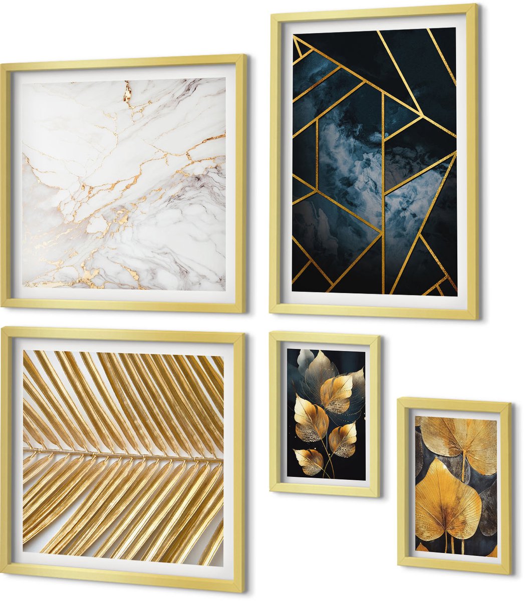 Coloray 5-Delige Schilderij Set - Stijlvolle Decoraties Met Bladmotieven En Geometrische Patronen. - 50 x 50 cm, 20 x 30 cm En 40 x 60 cm - Stijlvolle Muurdecoratie - Kantoor - Moderne Wanddecoratie