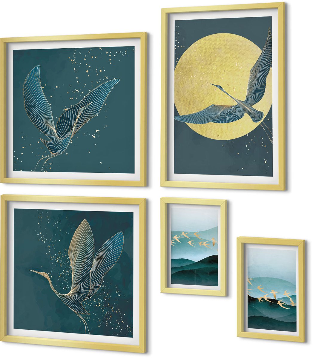 Coloray 5-Delige Schilderij Set - Landschappen Met Vogels In De Nachtelijke Hemel Met De Maan - 50 x 50 cm, 20 x 30 cm En 40 x 60 cm - Decoratieve Schilderijen - Wanddecoratie - Hal