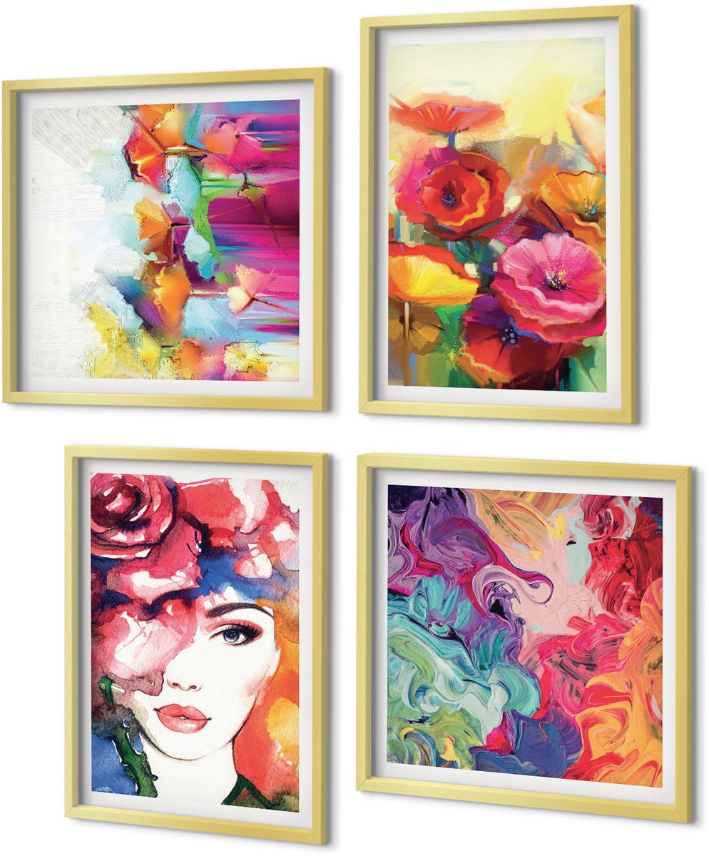 Coloray 4-Delige Schilderij Set - Bloemen in intense kleuren Portret van een vrouw Abstract - 40 x 40 cm en 40 x 60 cm - Moderne Wanddecoratie - Slaapkamer - Muurdecoratie