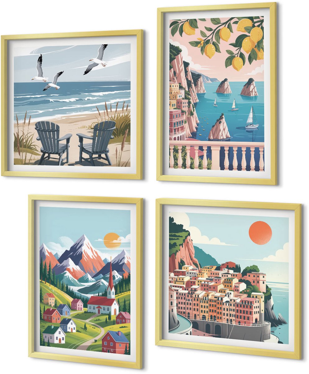 Coloray 4-Delige Schilderij Set - Kleurrijke berglandschappen en kuststeden - 40 x 40 cm en 40 x 60 cm - Wanddecoratie - Muurdecoratie - Woonkamer - Woonkamer Decoratie