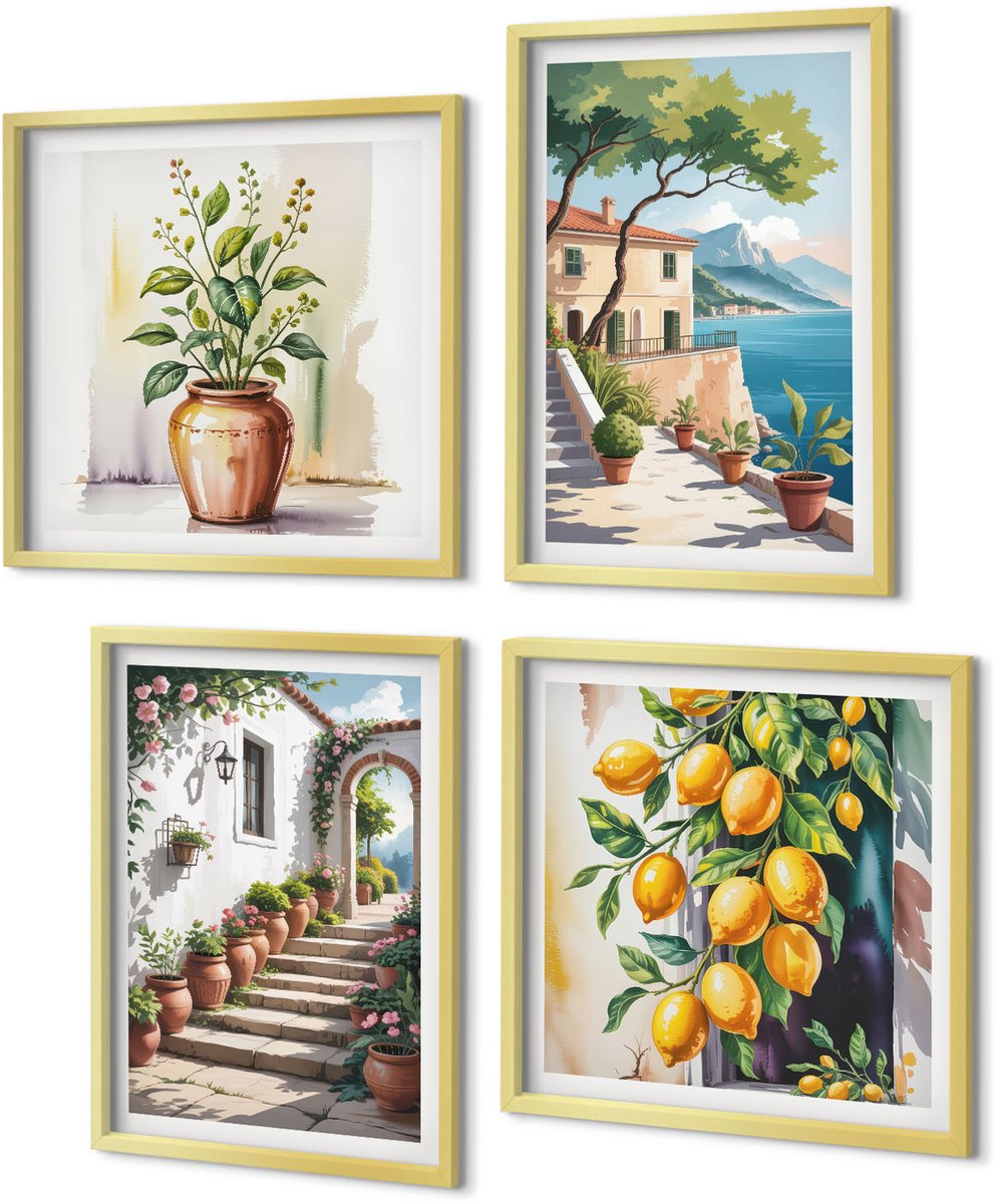 Coloray 4-Delige Schilderij Set - Citroenen tegen een achtergrond van bloemen en uitzicht op zee. - 40 x 40 cm en 40 x 60 cm - Muurdecoratie - Decoratieve Schilderijen - Wohnzimmer - Wanddecoratie