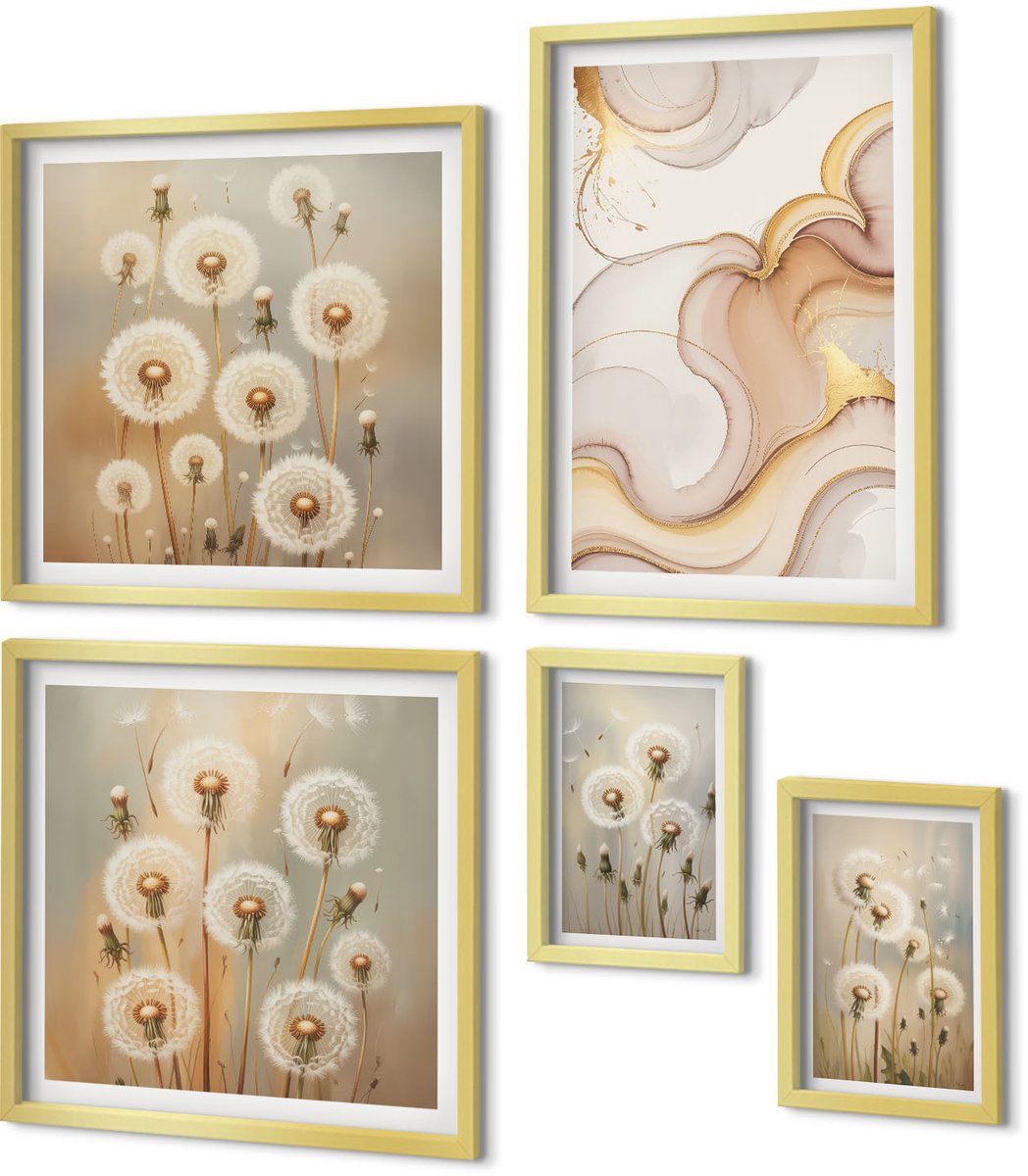 Coloray 5-Delige Schilderij Set - Bloemmotieven In Delicate Natuurlijke Tinten - 50 x 50 cm, 20 x 30 cm En 40 x 60 cm - Stijlvolle Muurdecoratie - Kantoor - Decoratieve Schilderijen