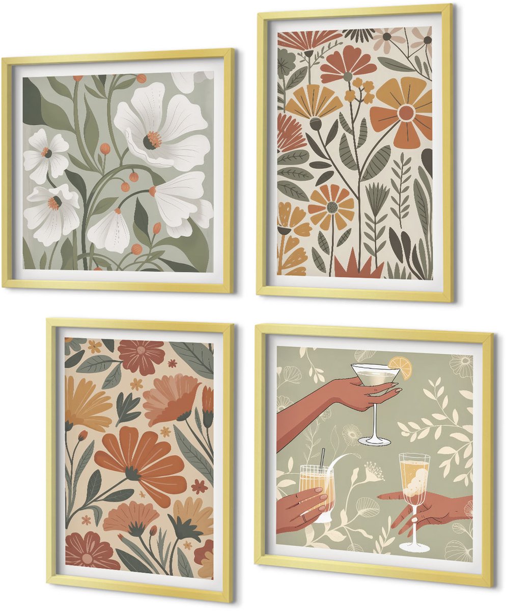 Coloray 4-Delige Schilderij Set - Bloemenpatronen in oranje en groene tinten. - 40 x 40 cm en 40 x 60 cm - Muurdecoratie - Decoratieve Schilderijen - Wohnzimmer - Moderne Wanddecoratie