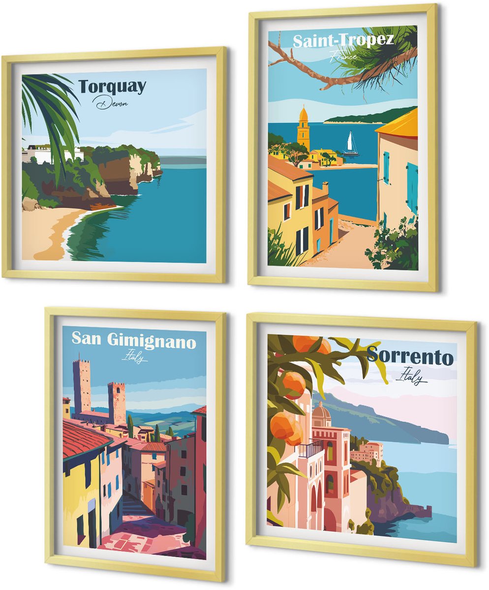 Coloray 4-Delige Schilderij Set - Italiaanse stadjes en retro kustlandschappen - 40 x 40 cm en 40 x 60 cm - Moderne Wanddecoratie - Woonkamer - Woonkamer Decoratie
