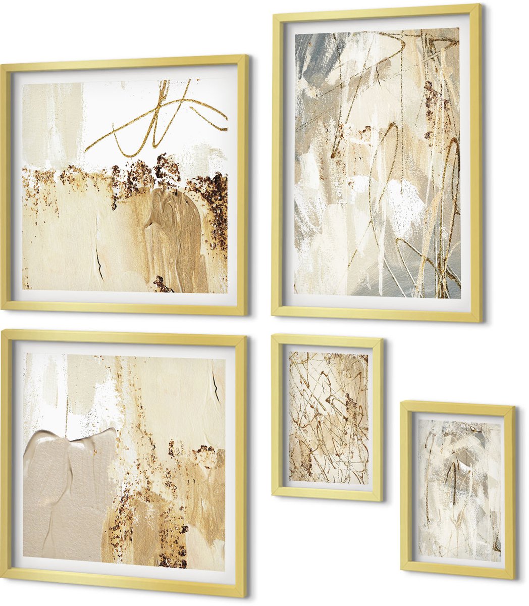 Coloray 5-Delige Schilderij Set - Abstracte Composities In Een Moderne En Minimalistische Stijl. - 50 x 50 cm, 20 x 30 cm En 40 x 60 cm - Muurdecoratie - Decoratieve Schilderijen - Wohnzimmer - Wanddecoratie