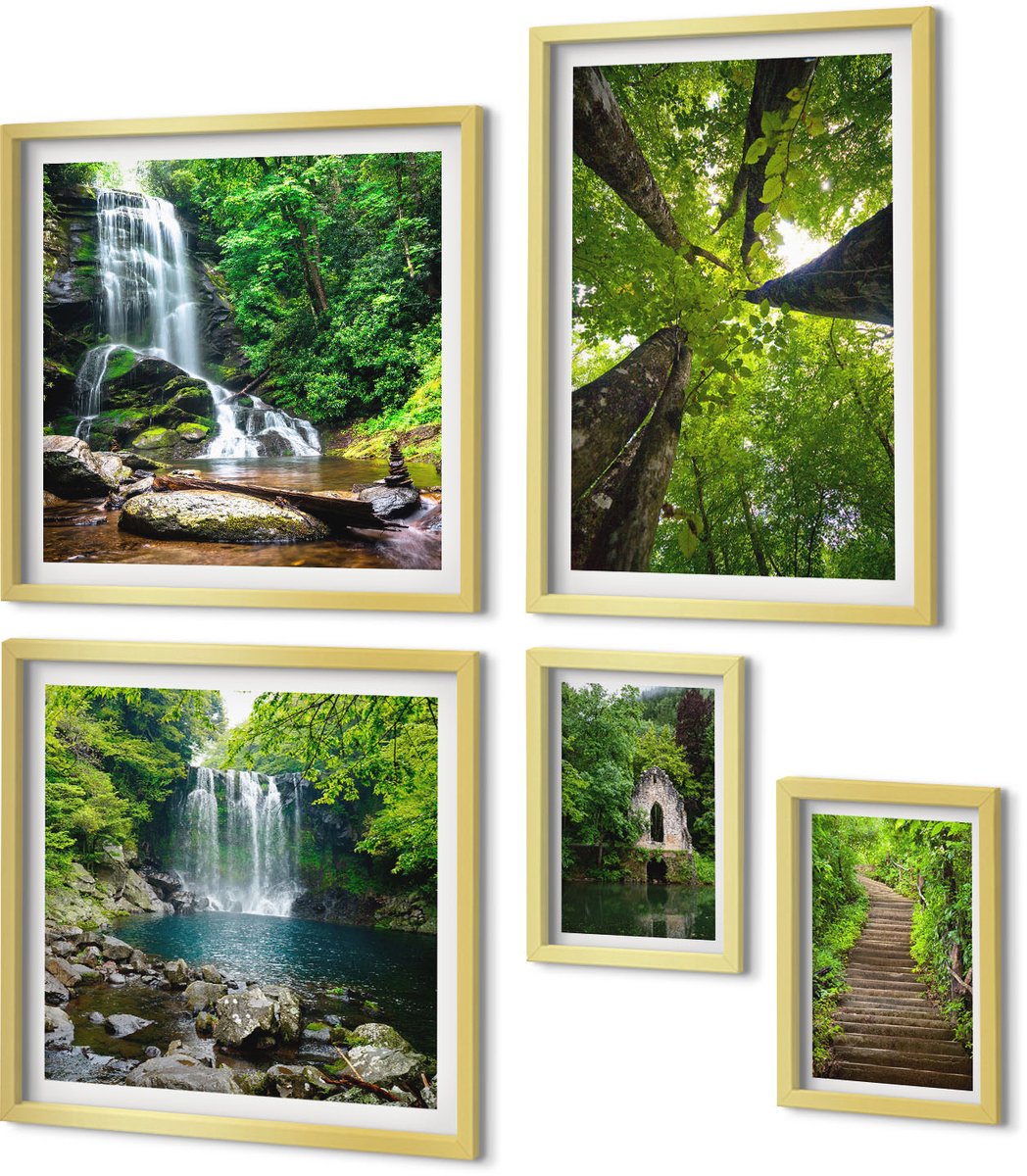 Coloray 5-Delige Schilderij Set - Groene Landschappen Met Watervallen En Bospaden - 50 x 50 cm, 20 x 30 cm En 40 x 60 cm - Wanddecoratie - Woonkamer Decoratie - Decoratieve Schilderijen