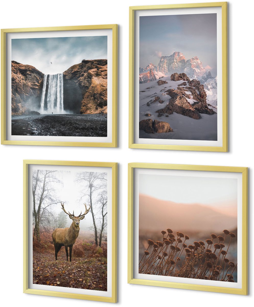 Coloray 4-Delige Schilderij Set - Natuurlijke, ongerepte landschappen, bergen, herten en watervallen. - 40 x 40 cm en 40 x 60 cm - Wanddecoratie - Muurdecoratie - Woonkamer - Stijlvolle Muurdecoratie