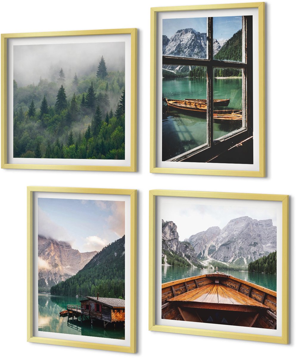 Coloray 4-Delige Schilderij Set - Bergmeer met een boot en houten huisjes - 40 x 40 cm en 40 x 60 cm - Wanddecoratie - Muurdecoratie - Woonkamer - Moderne Wanddecoratie
